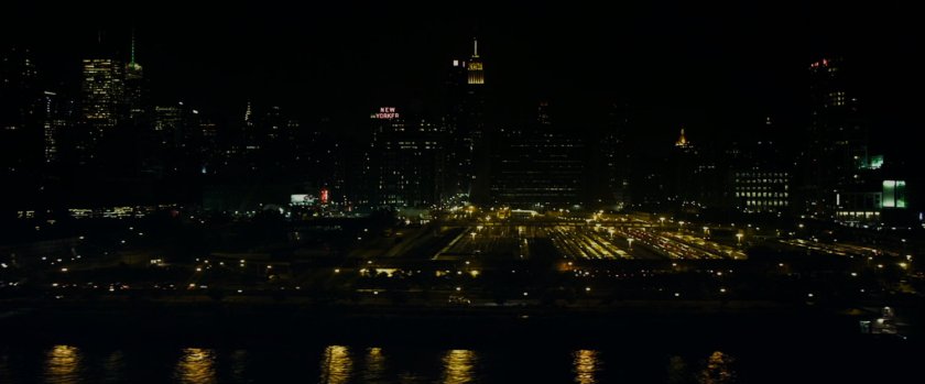 Aerial view of New York City at night.