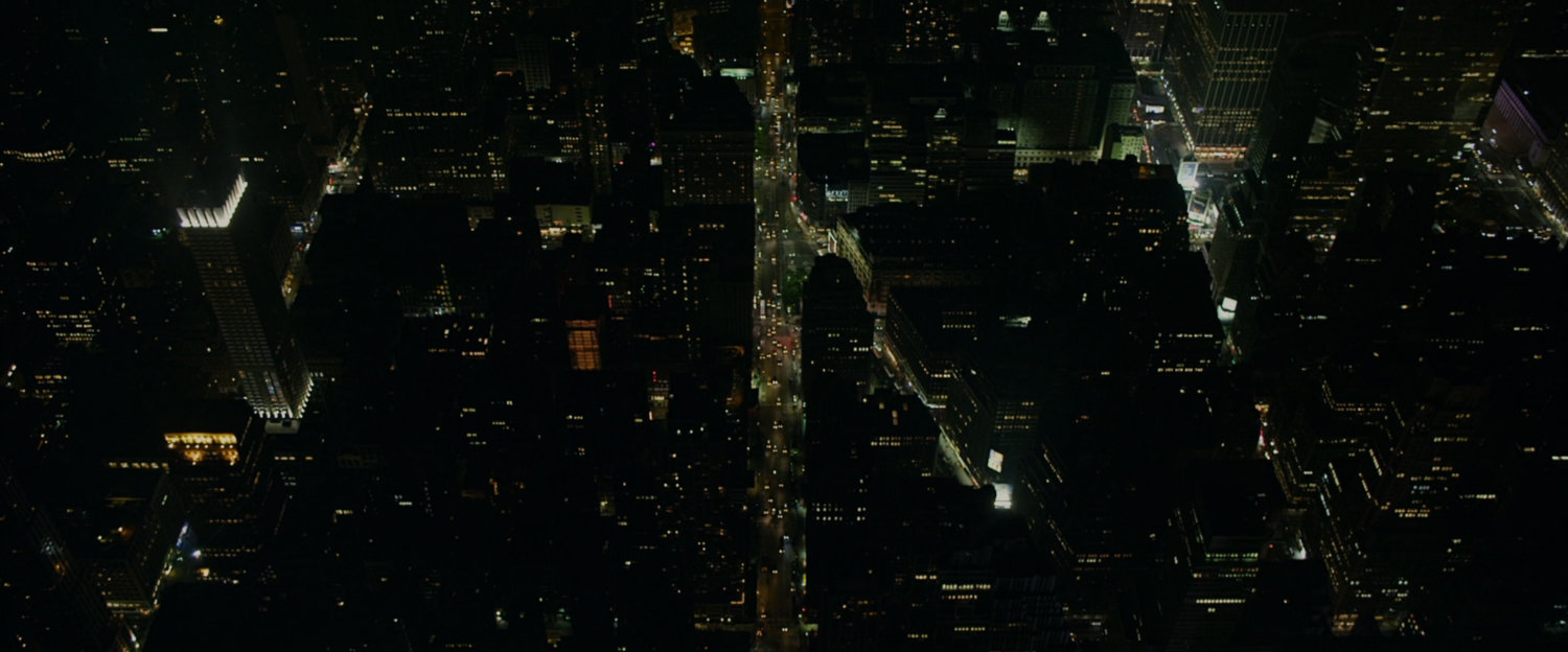 Aerial view of New York City at night.