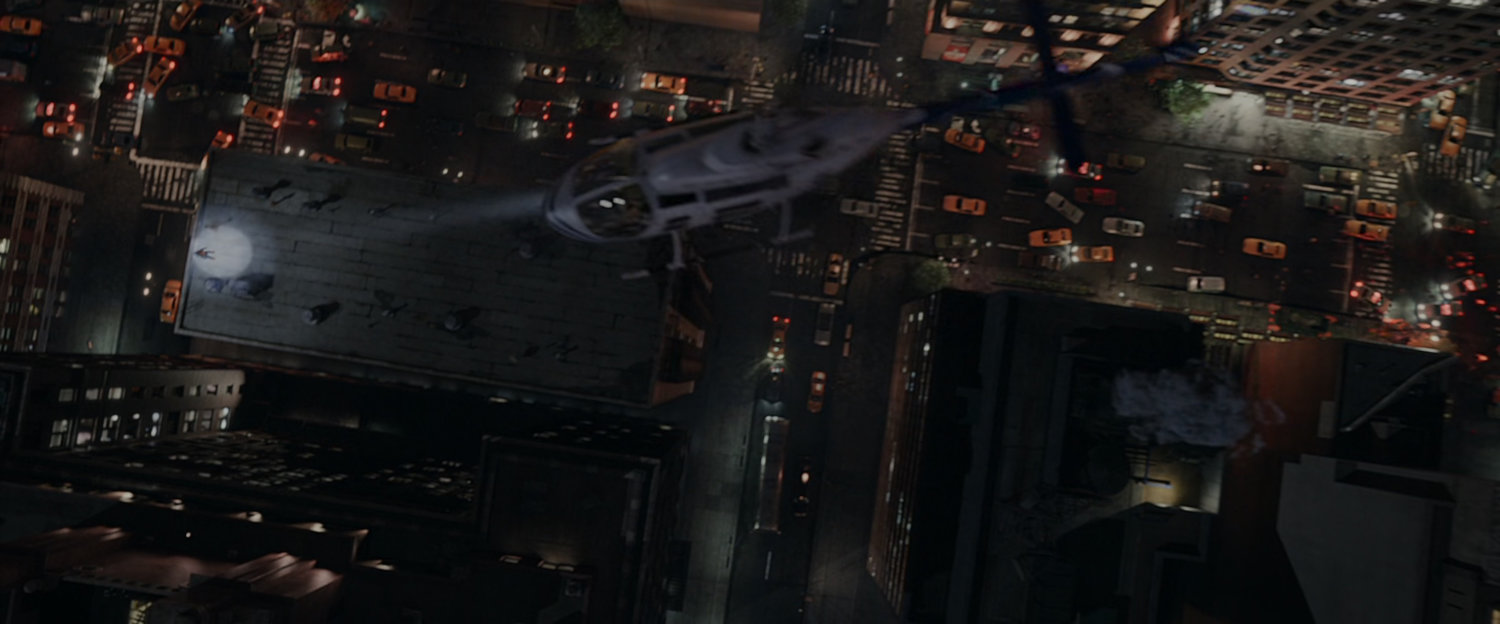 Aerial view of New York intersection at night.