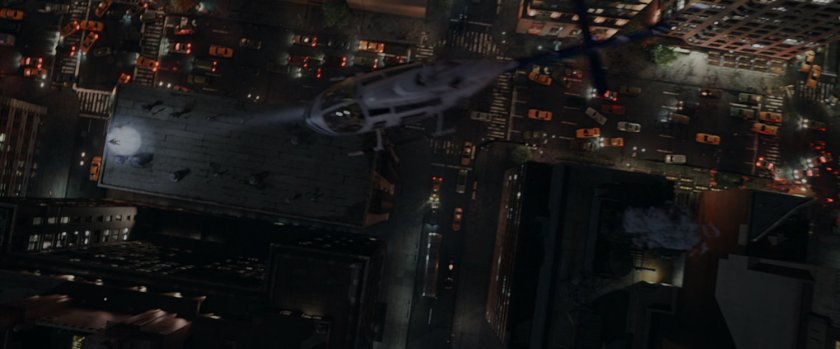 Aerial view of New York intersection at night.