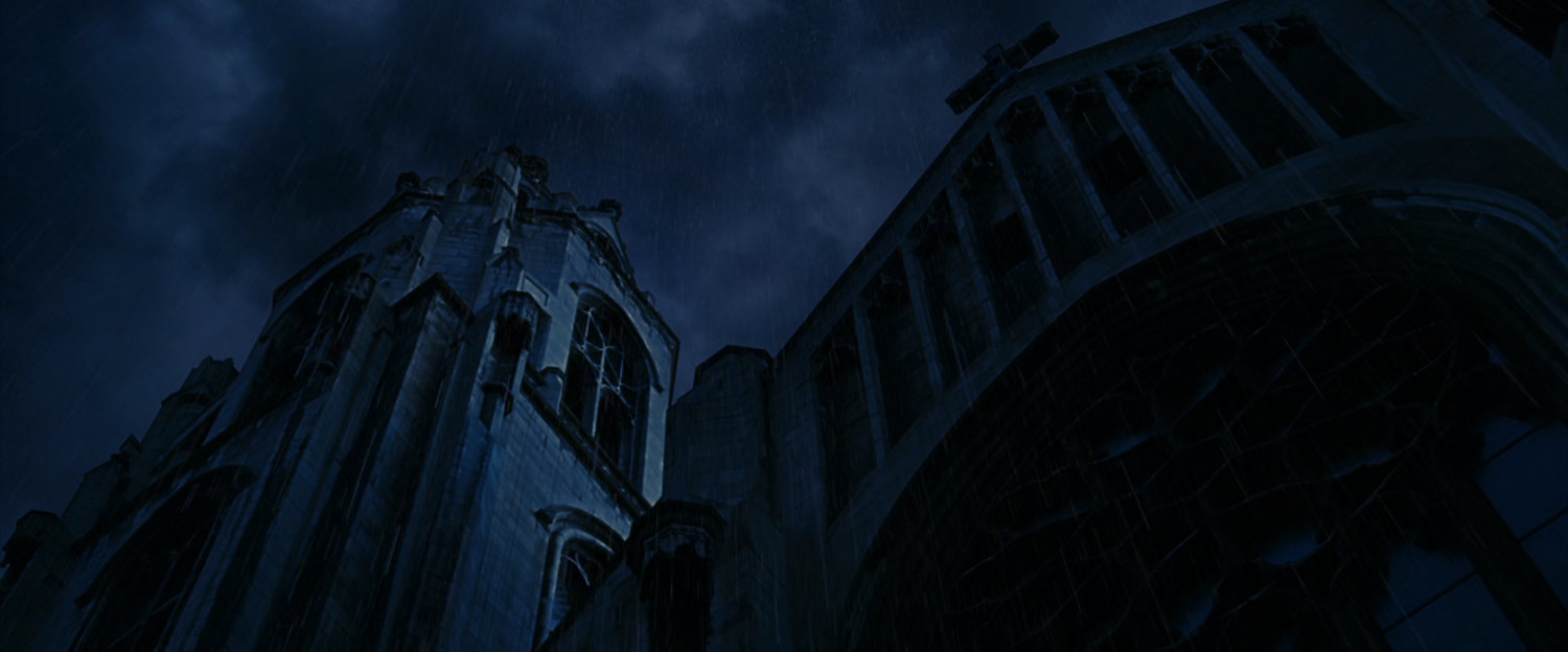Gwen's POV of church in rain.
