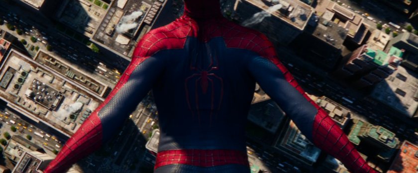 Aerial view of Spider-Man diving towards the city.