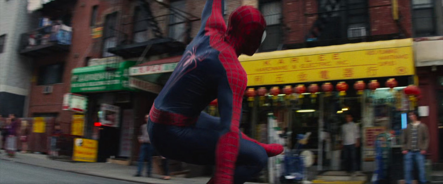 Spider-Man swings through Chinatown.