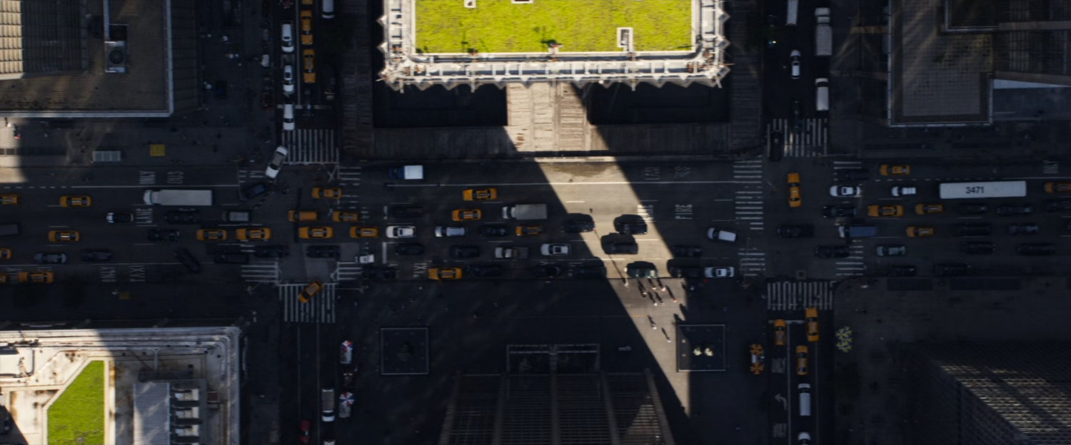 Aerial of New York city street and buildings.
