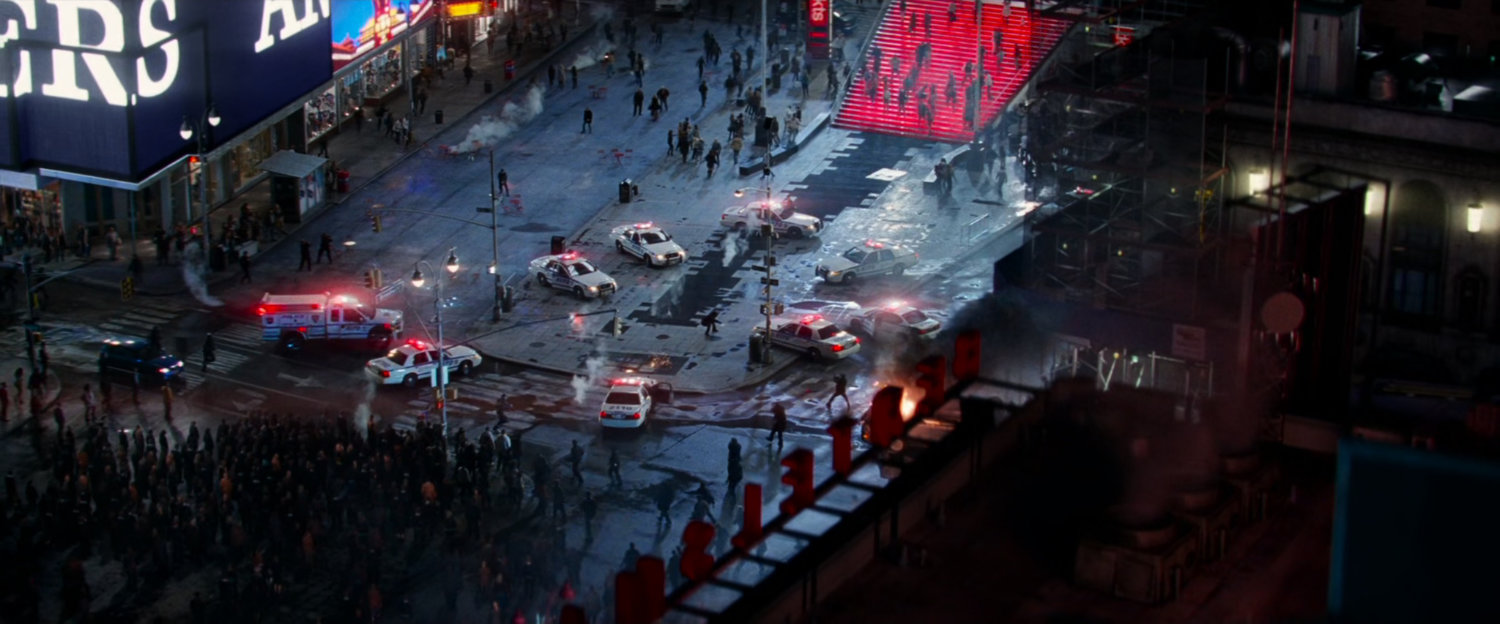 Police cars arrive in Time Square.