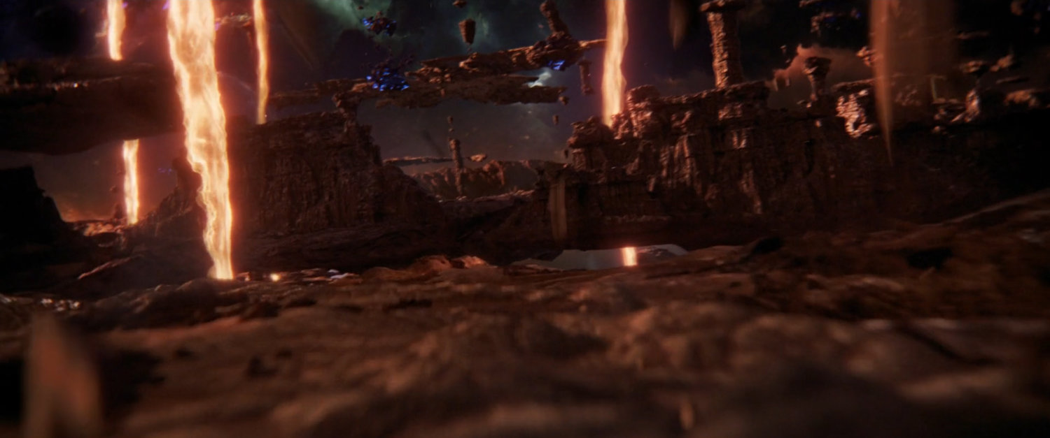 A rocky plateau and fiery streams inside the Quantum Realm.
