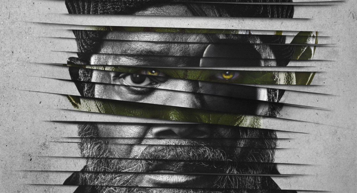 Secret Invasion poster. Nick Fury's face interwoven with a Skrull.