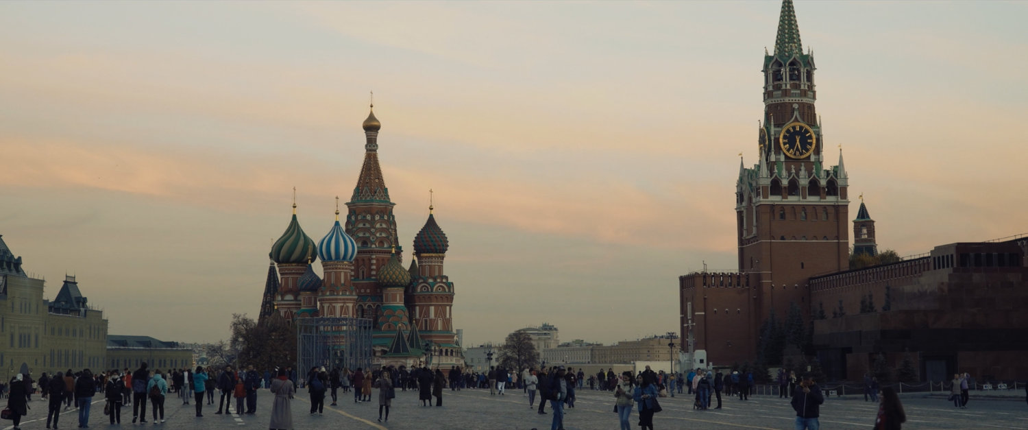 Establishing shot of Red Square with St Basil Church.