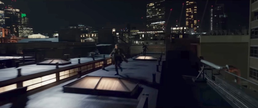 Agent Ross being pursued across Moscow Rooftops.