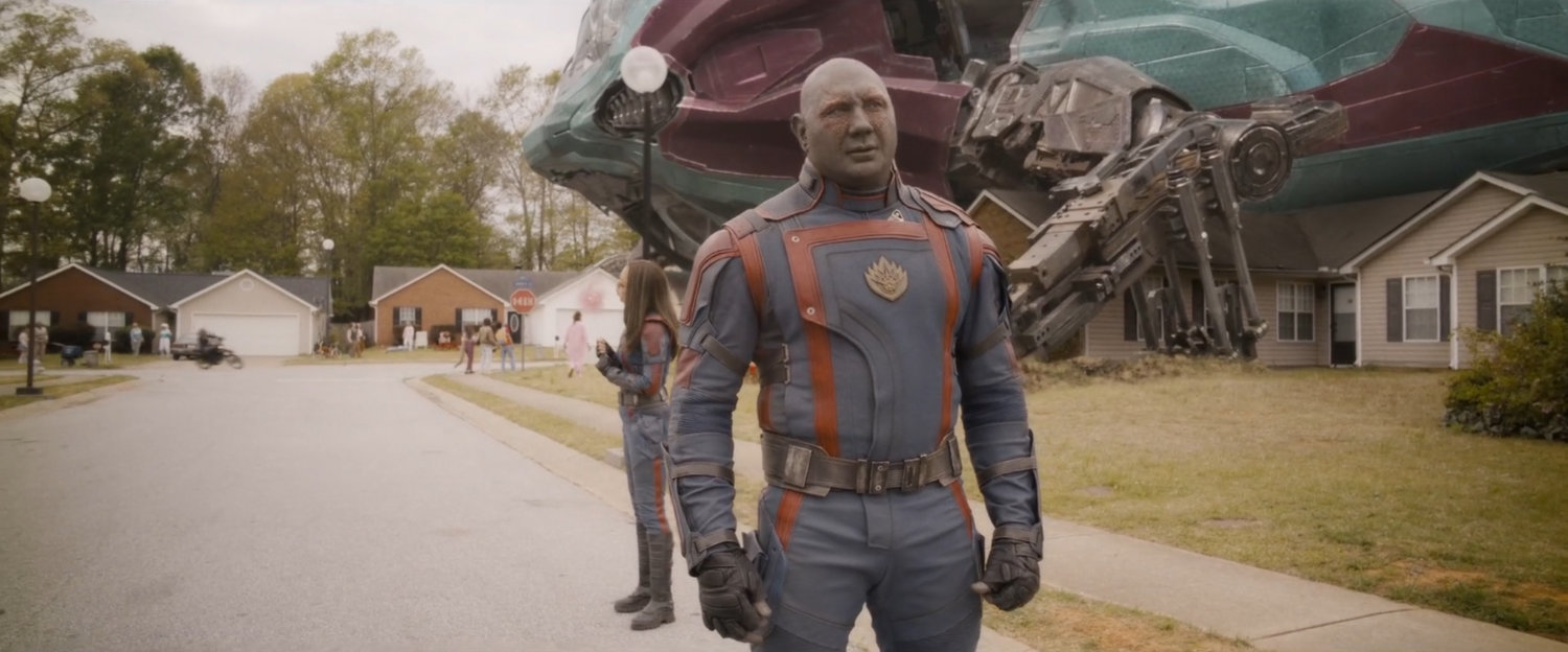 Drax and Mantis on a Counter-Earth suburban street.