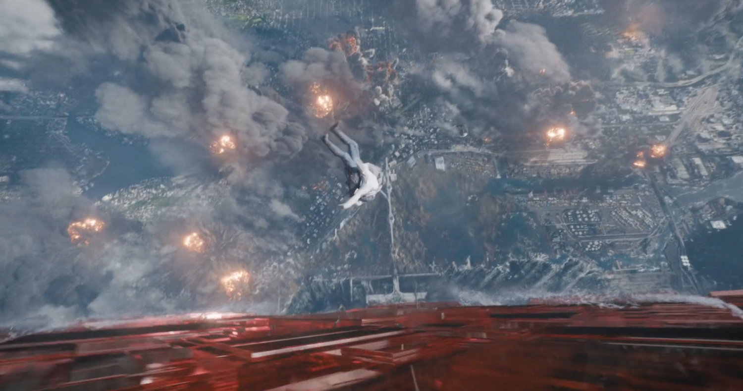 Aerial of Counter-Earth city with two falling figures.