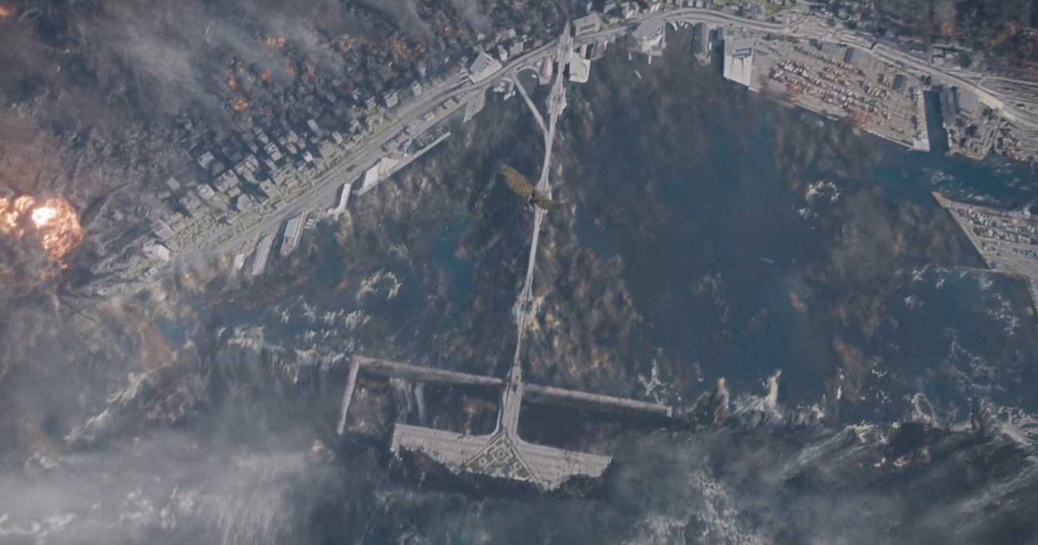 Aerial of Counter-Earth city with two falling figures.