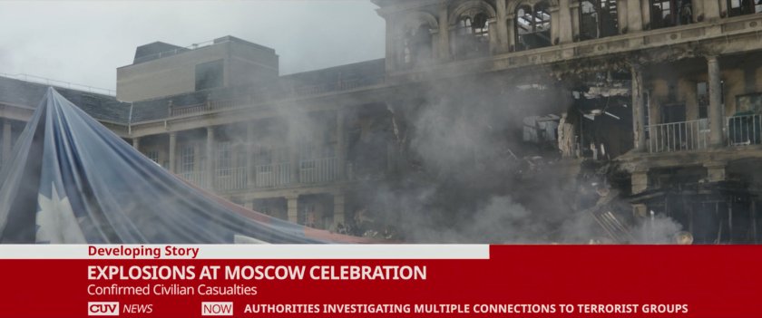 News footage of aftermath of Moscow bombings.