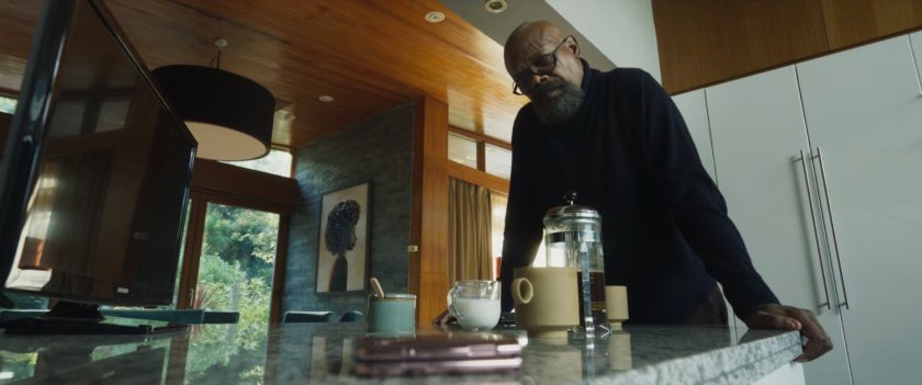 Nick Fury in the kitchen of his house in London.