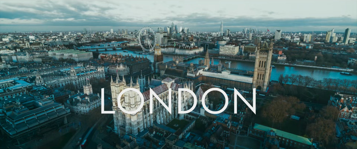 Aerial view of London. Text: London.