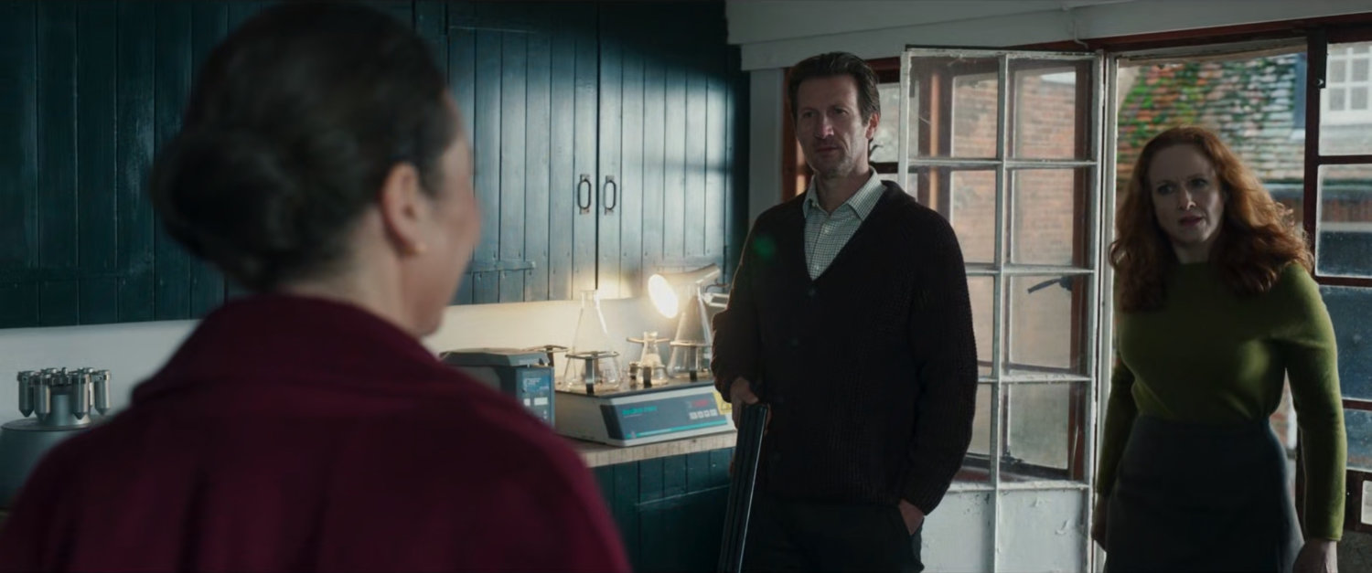 The Daltons confront Sonya Falsworth in their home lab.