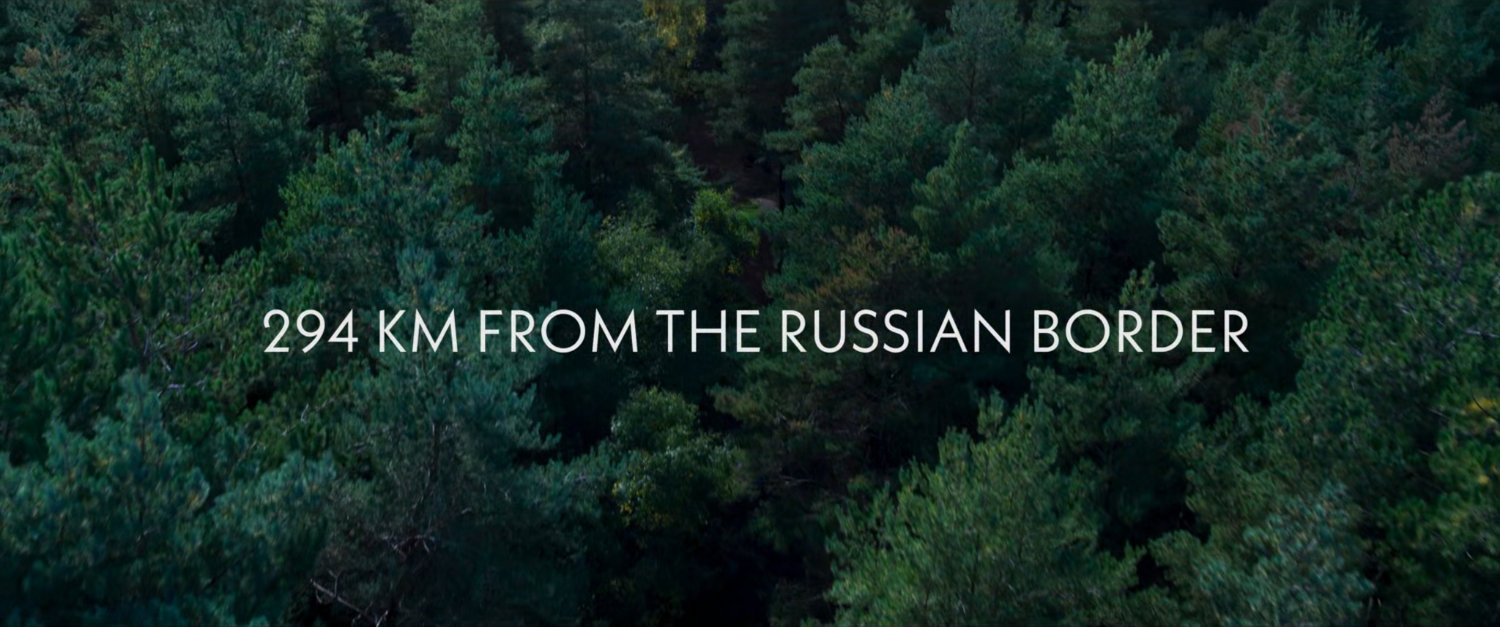 Aerial view of Forest. Text: 294 km from the Russian border.