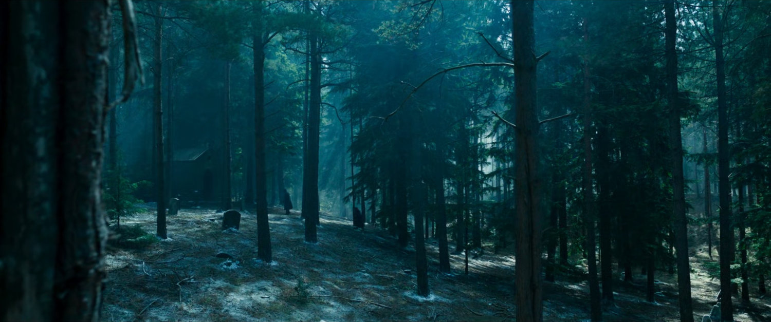 A wooded Scandinavian cemetery.