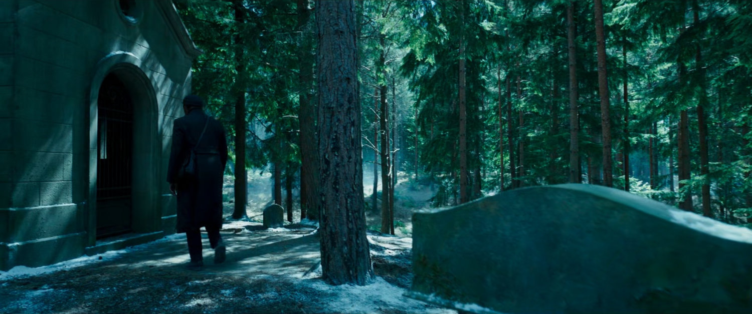 Fury outside crypt in Scandinavian cemetery.