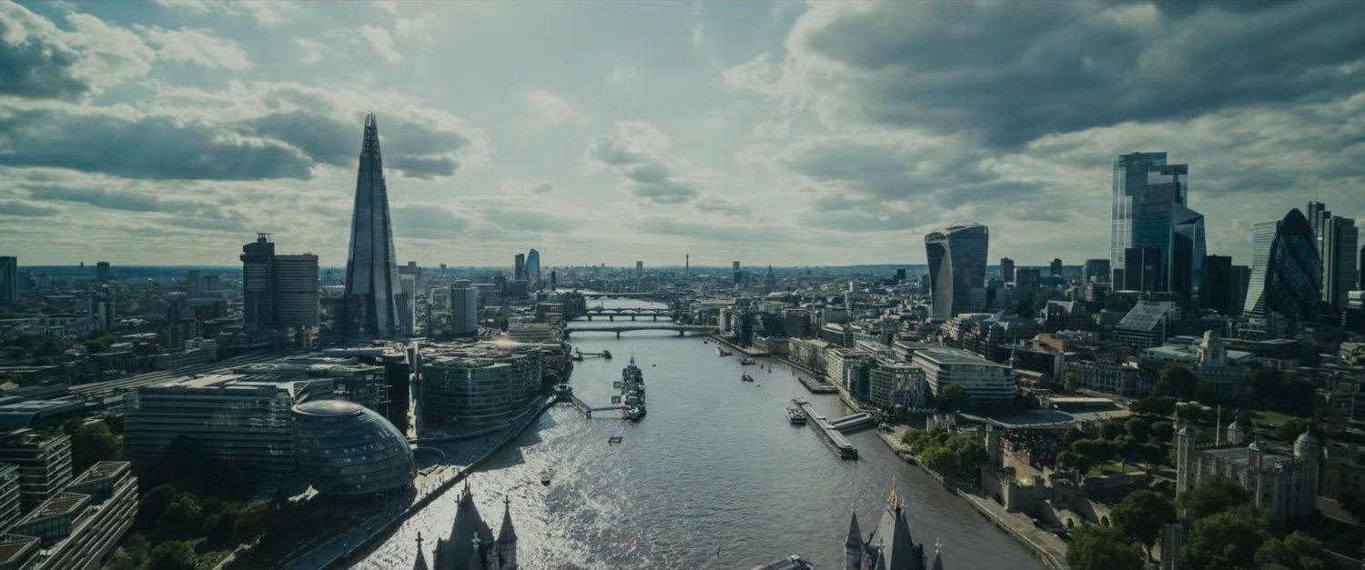 An aerial view of London over the Thames.