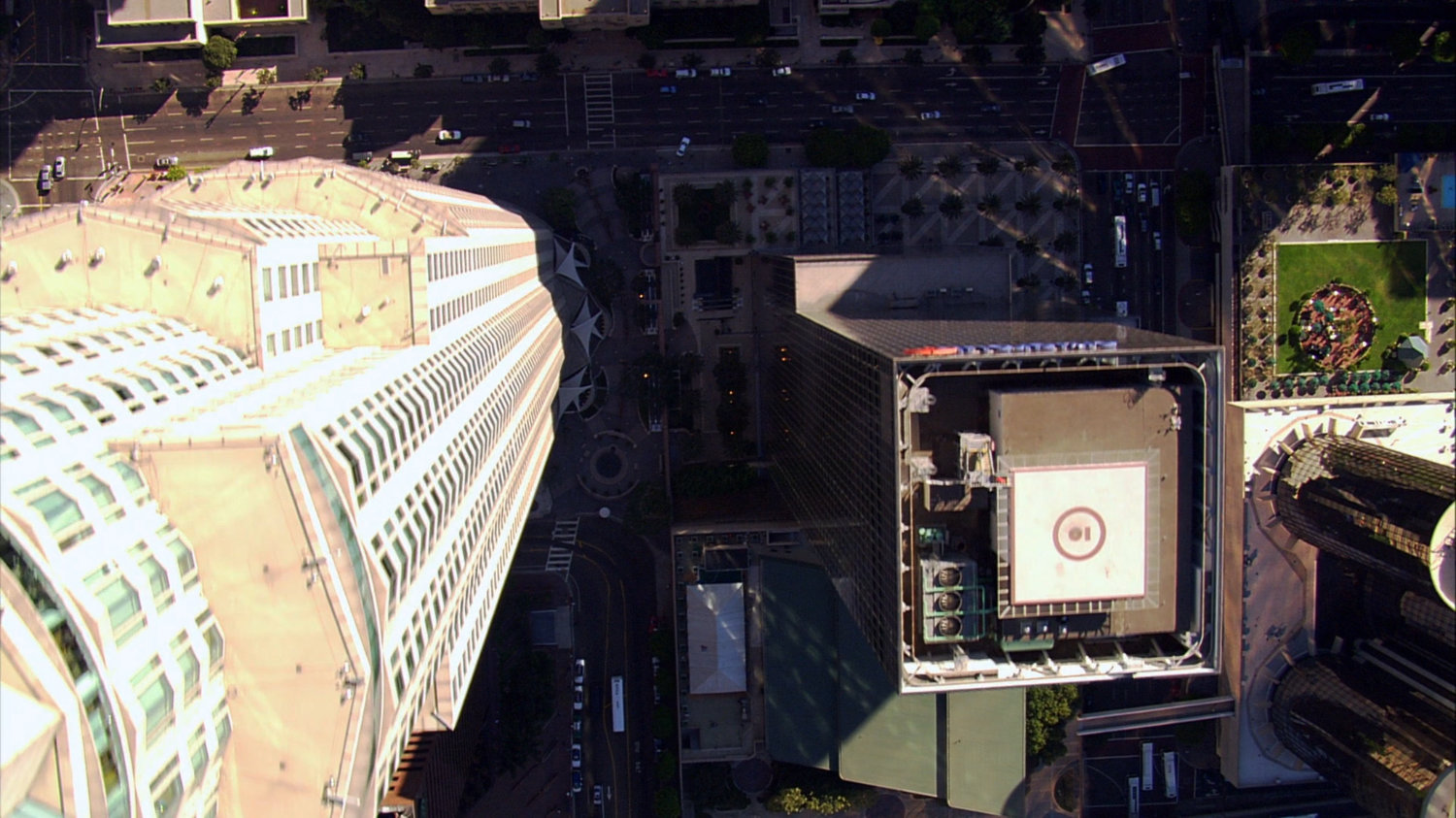 Aerial view of Los Angeles streets and buildings.