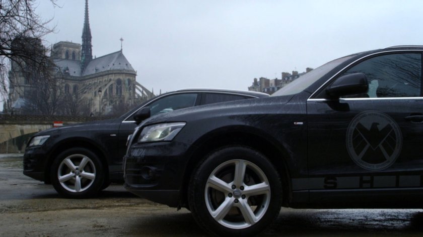 SHIELD vehicles in front of Notre Dame Cathedral.