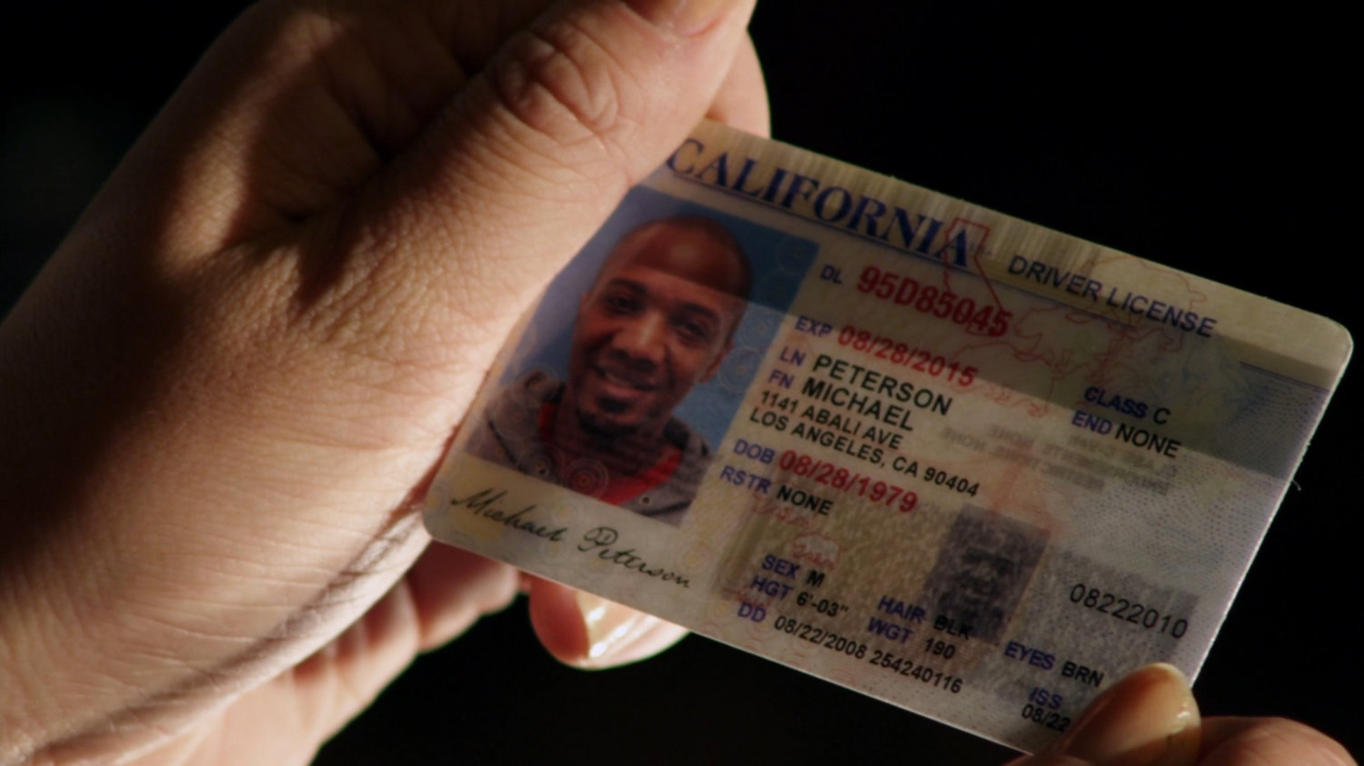 Mike Peterson drivers license close-up.