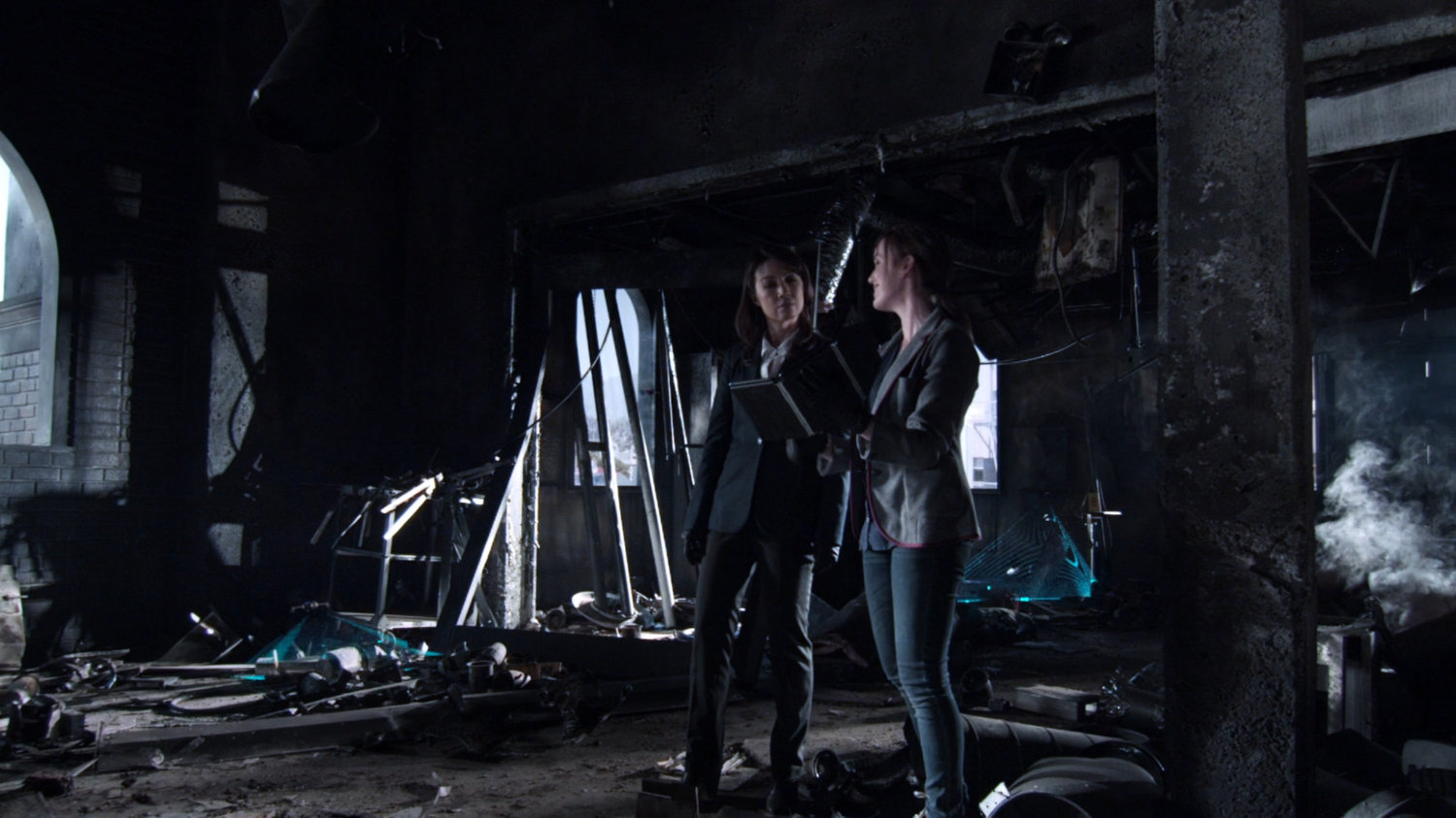 May and Simmons in a bombed out Centipede Lab.