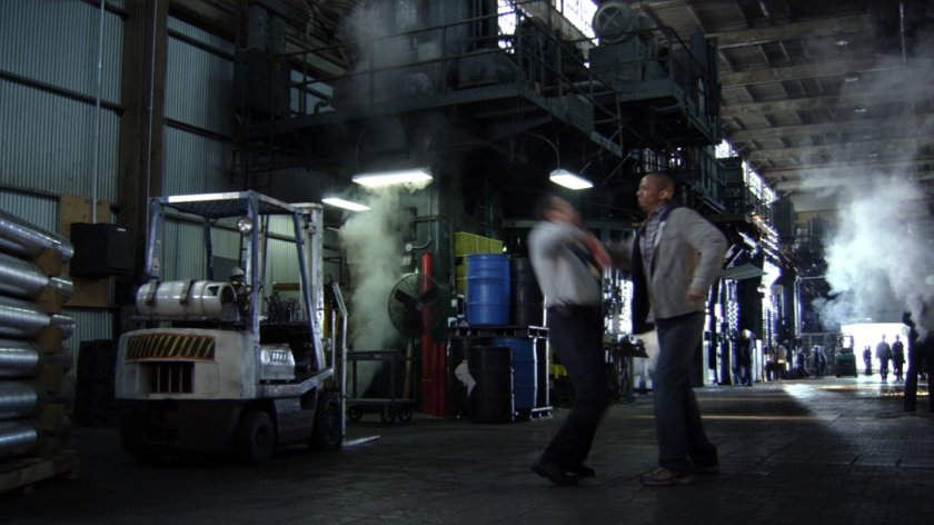 Mike Peterson pushes his boss into a forklift in a Los Angeles factory.