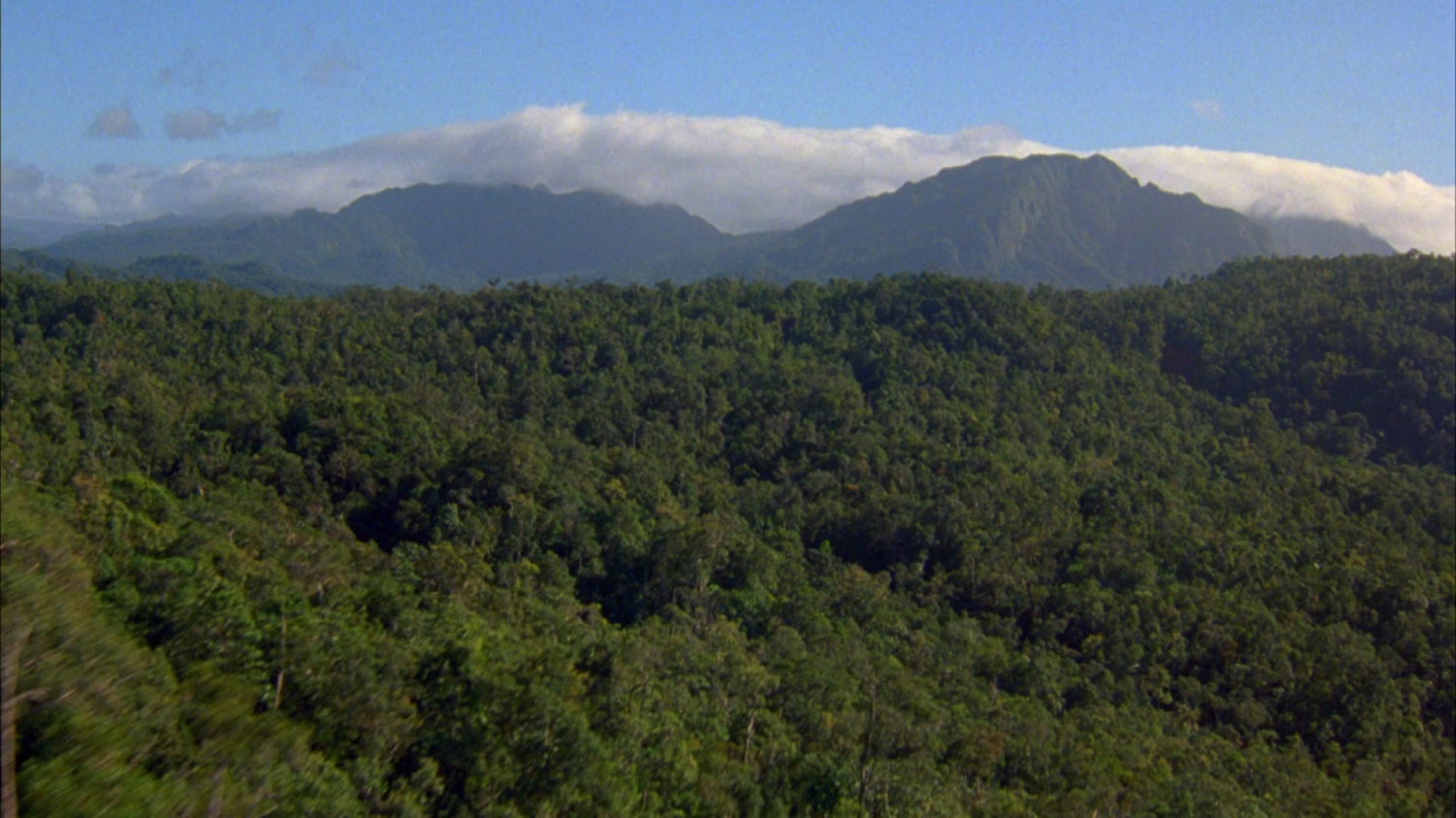 Aerial footage of Peruvian jungle and mountains.