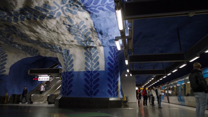 Underground portion of the Blue Line in the T-Centralen Metro station, Stockholm, Sweden.