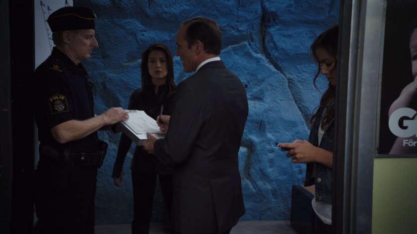 Agents May, Coulson, and Skye in the T-Centralen Metro.