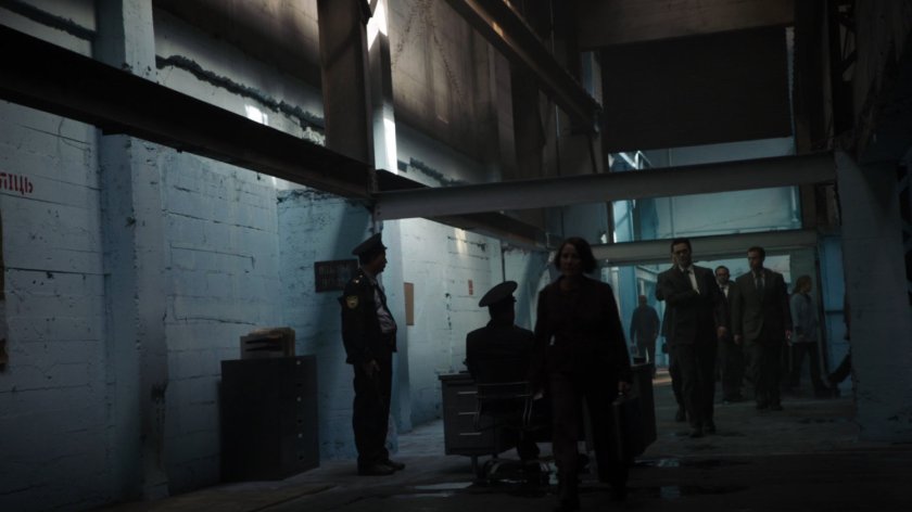 Workers in interior hallway of Todorov Building.