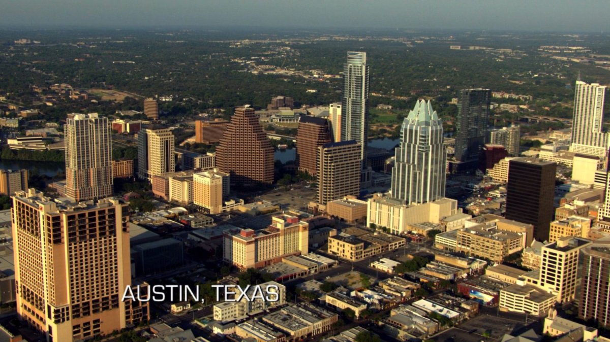 Aerial view of Austin, Texas. Text: Austin, Texas.