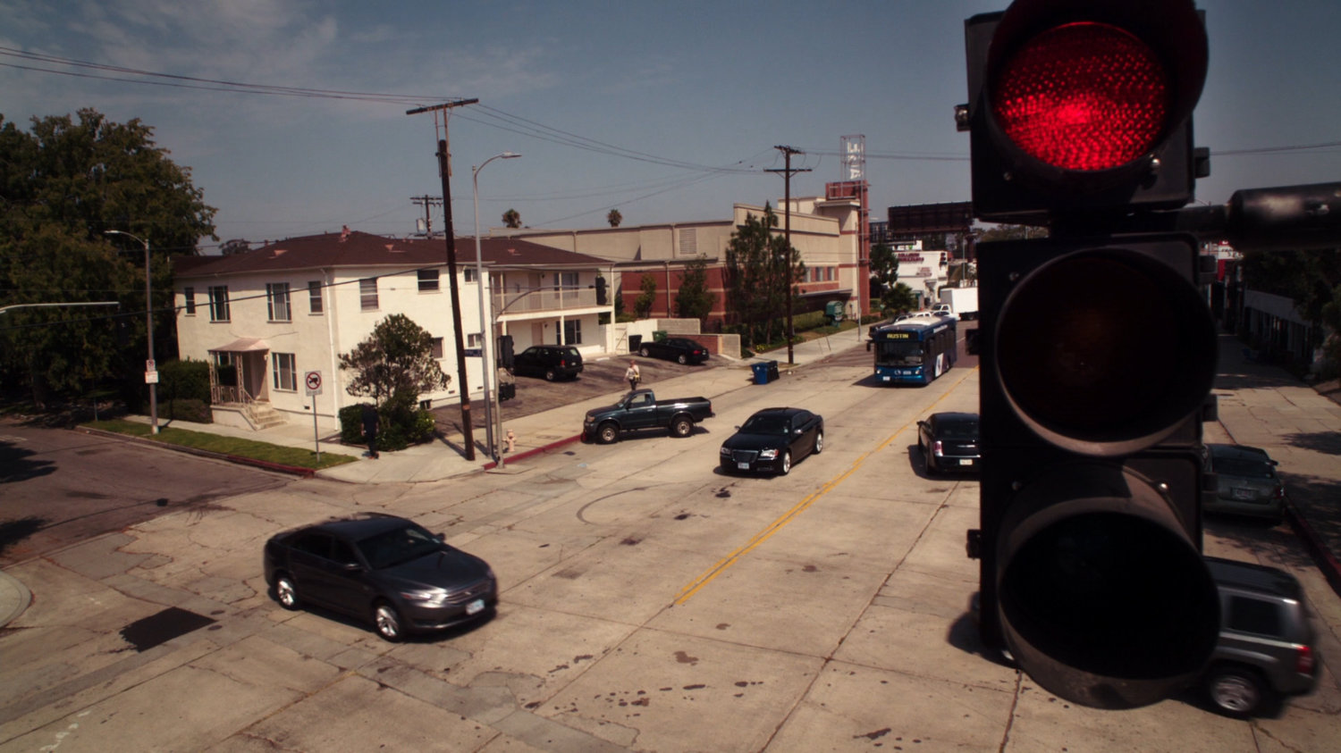 High angle view of Austin intersection with traffic light.