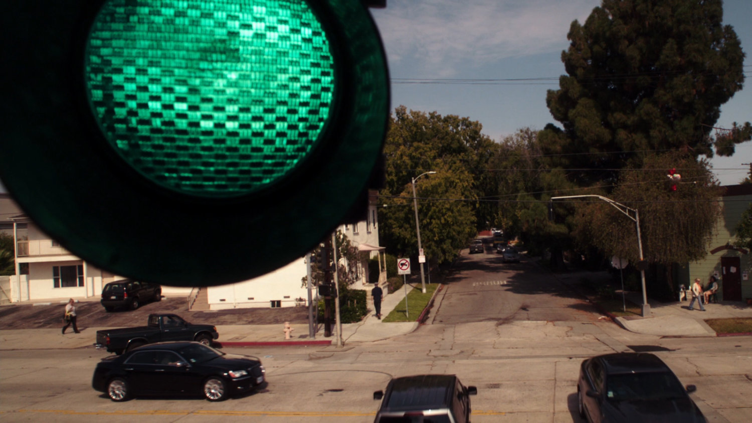 High angle view of Austin intersection with traffic light.
