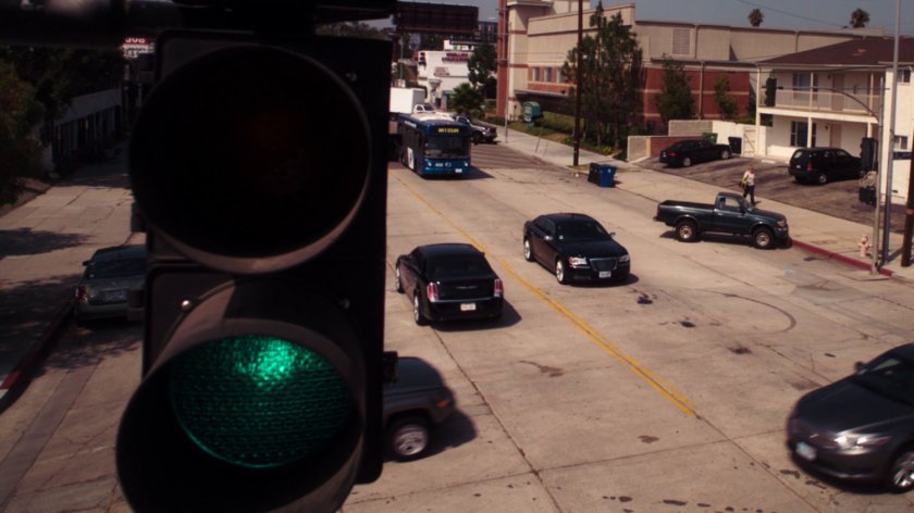 High angle view of Austin intersection with traffic light.