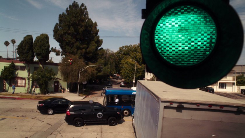 High angle view of Austin intersection with traffic light.
