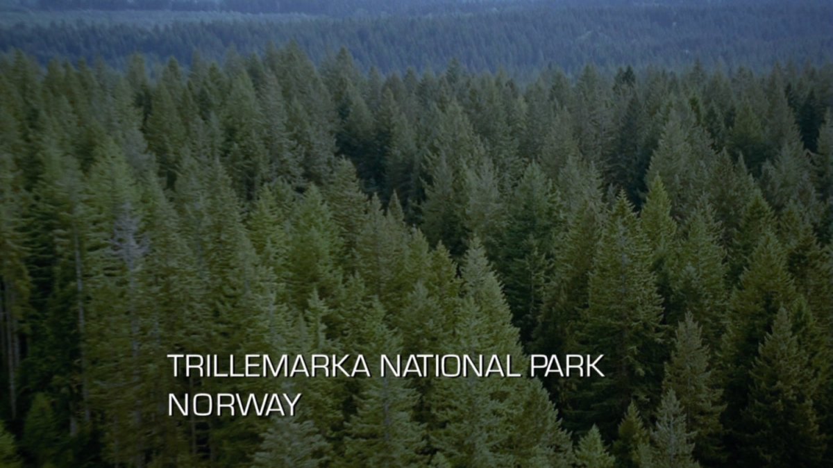 Aerial view of evergreen forest. Text: Trillemarka National Park, Norway