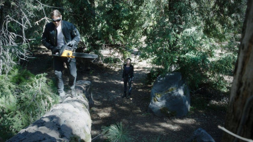 A man with a chainsaw on a downed pine tree.