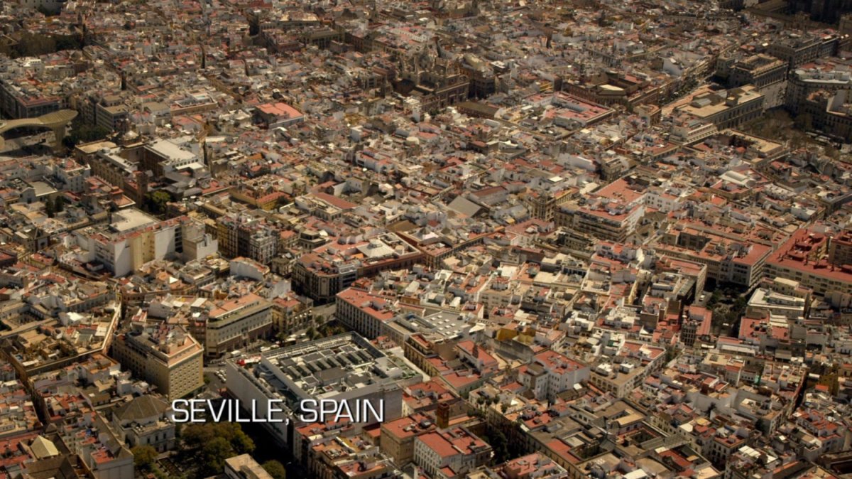 Aerial of Seville Spain. Text: Seville, Spain.