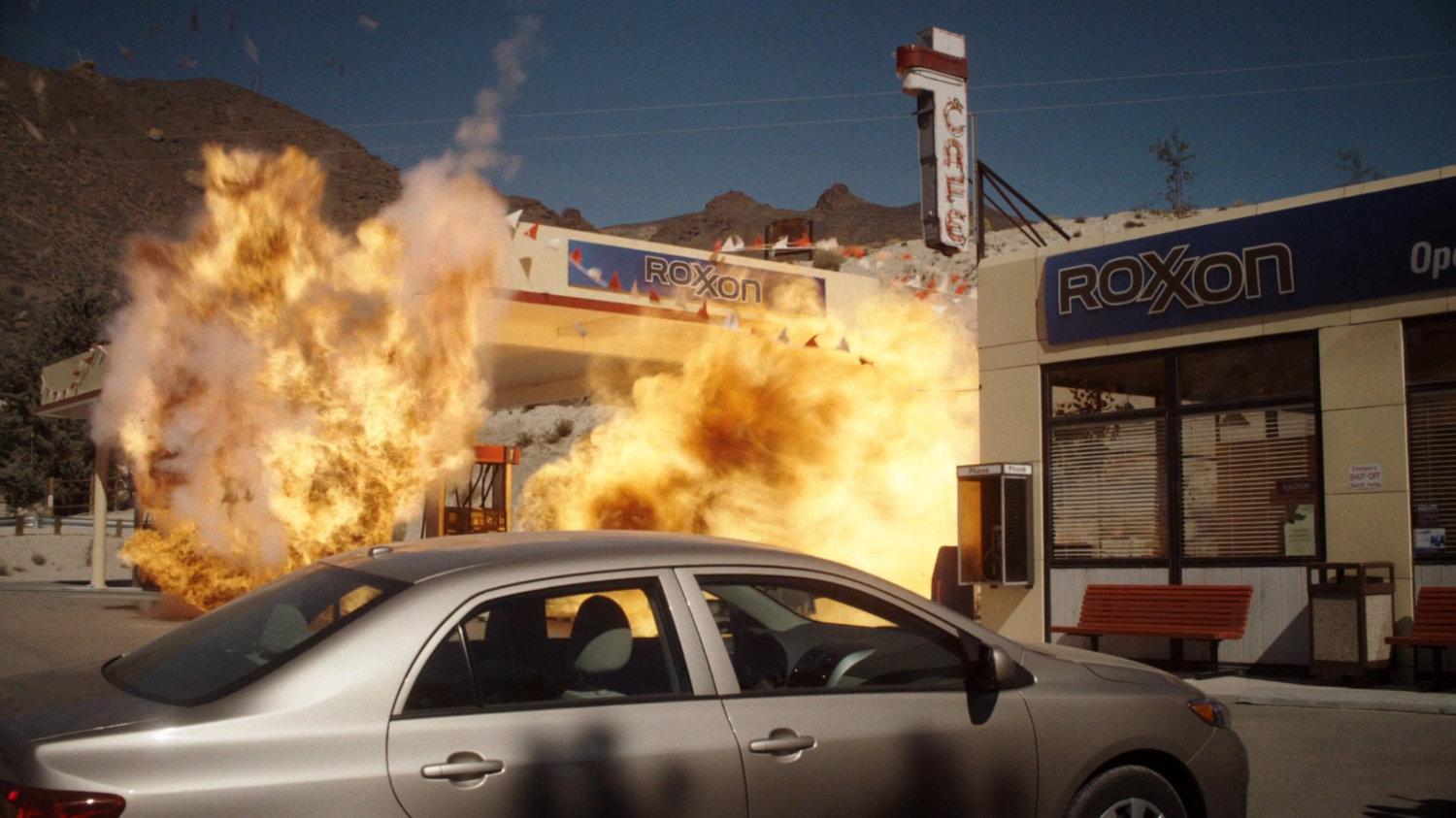 A Roxxon gas station goes up in flames.