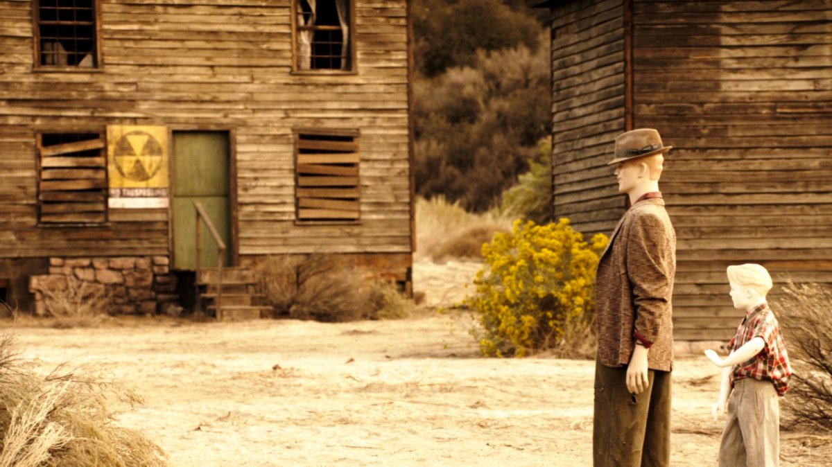 Exterior of dilapidated atomic ghost town.
