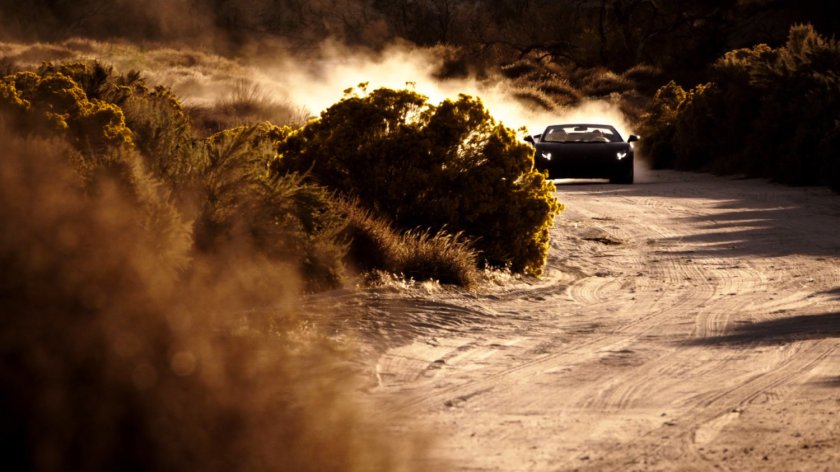 Skye in a sports car on dusty road.