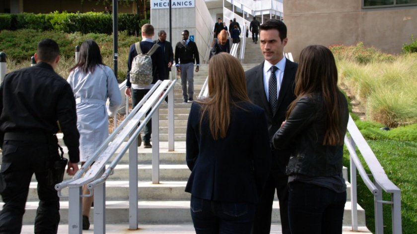 Ward, Sky, and Simmons on exterior stairs of SHIELD academy.