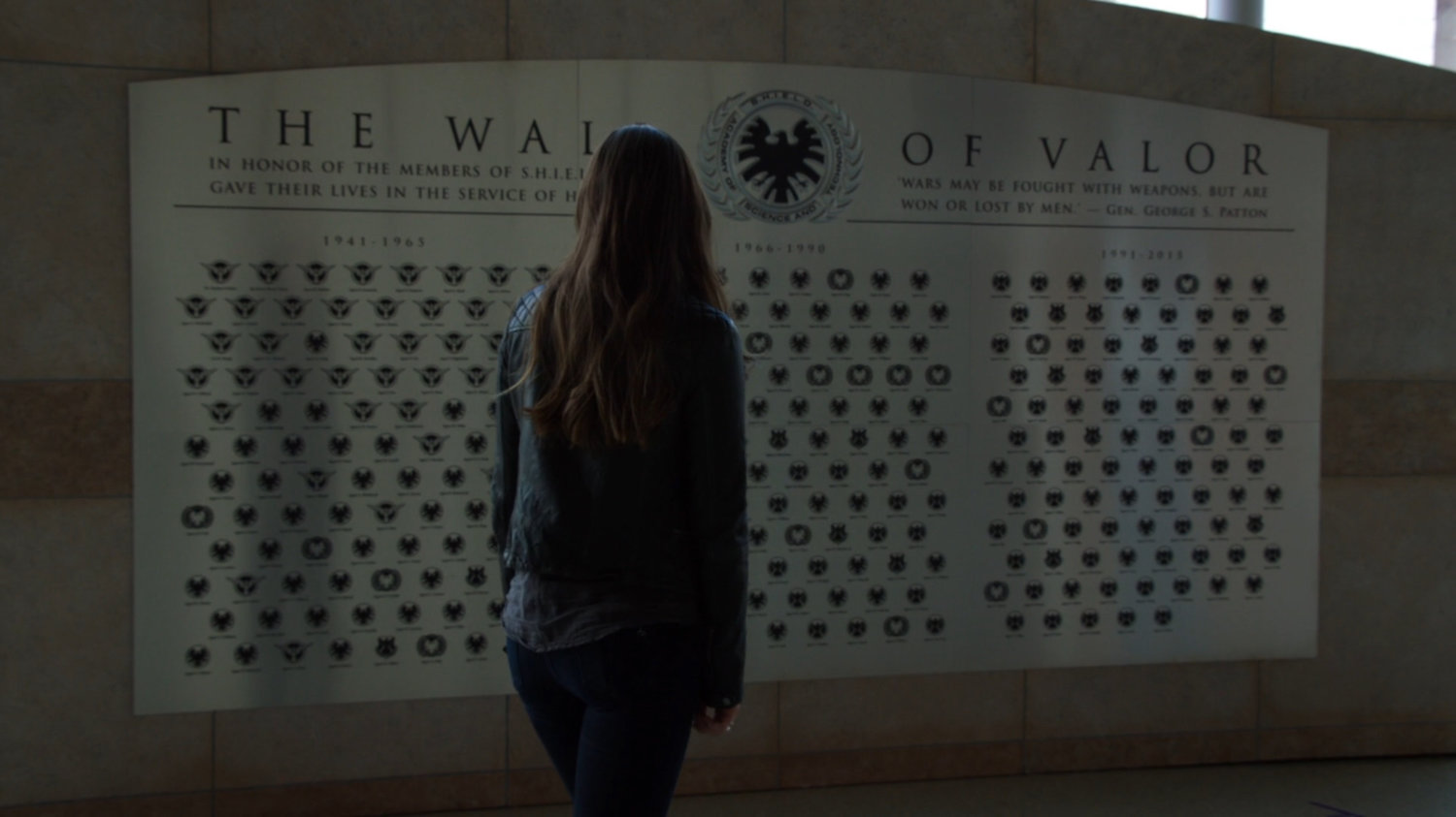 Skye looks at the SHIELD Wall of Valor.