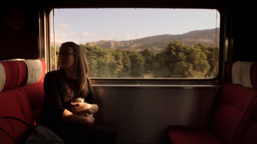 Simmons at the view outside the train.