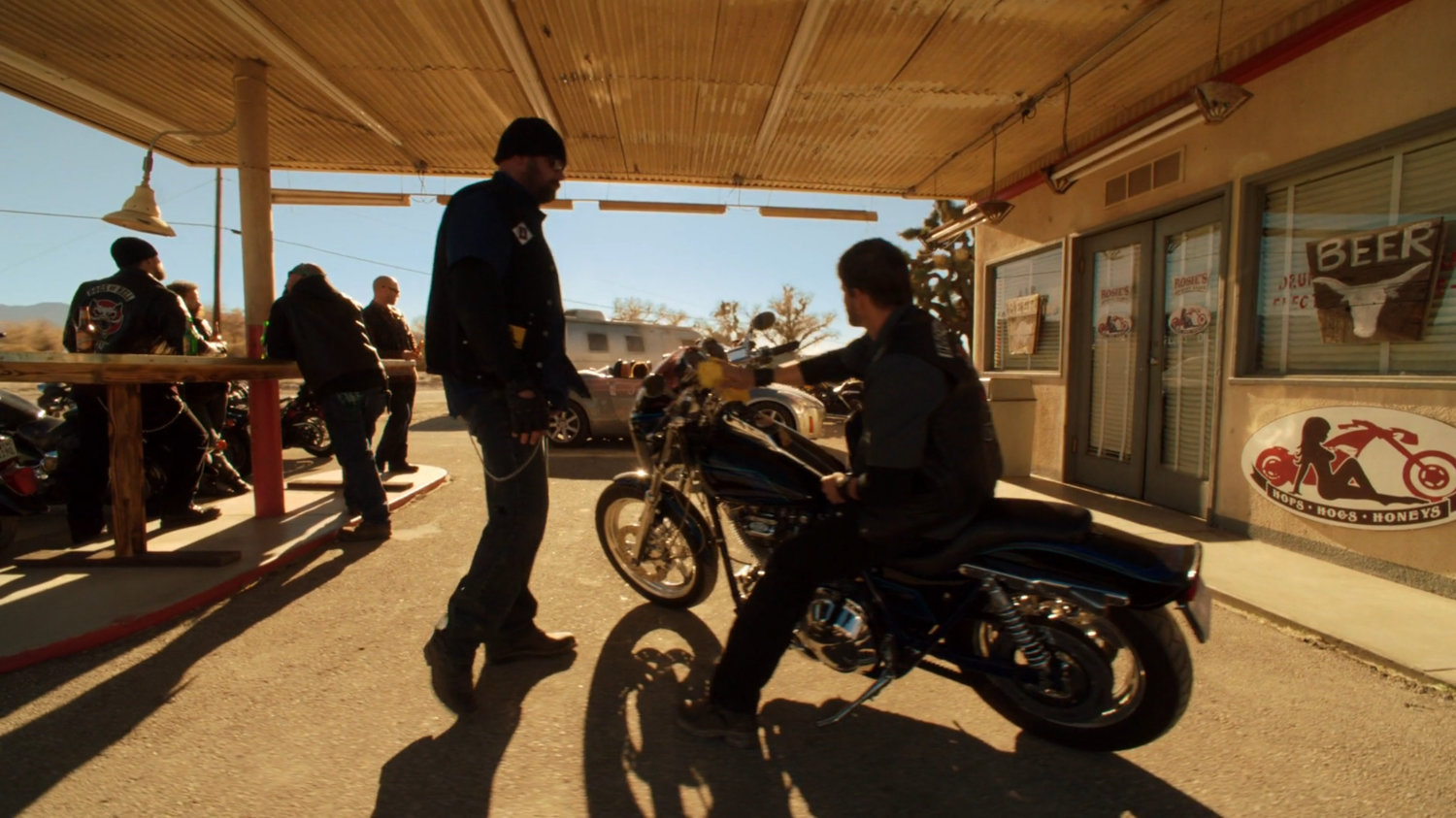 A group of bikers in front of Rosie's Desert Oasis in Death Valley.