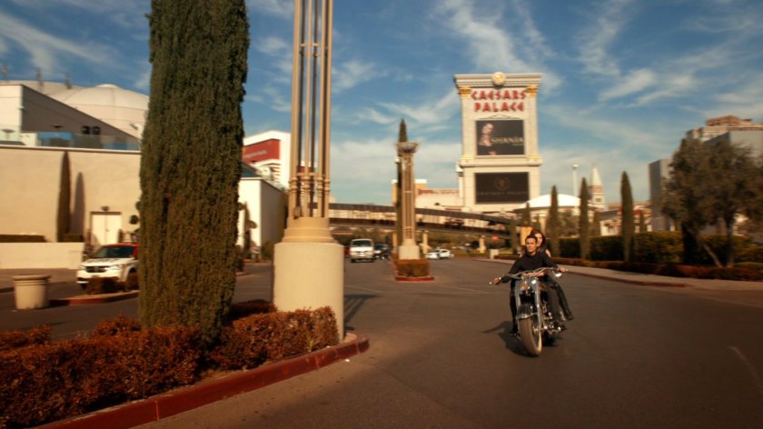 Ward and Lorelei ride a motorcycle into Caesars Palace in Las Vegas.