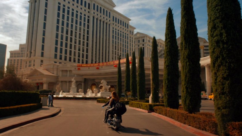 Ward and Lorelei ride a motorcycle into Caesars Palace in Las Vegas.